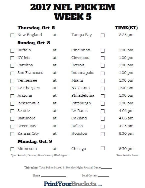 Week 8 Printable Nfl Schedule Printable Board Games