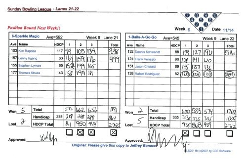 Week 9 Actual Recap Sheets Sunday Bowling League