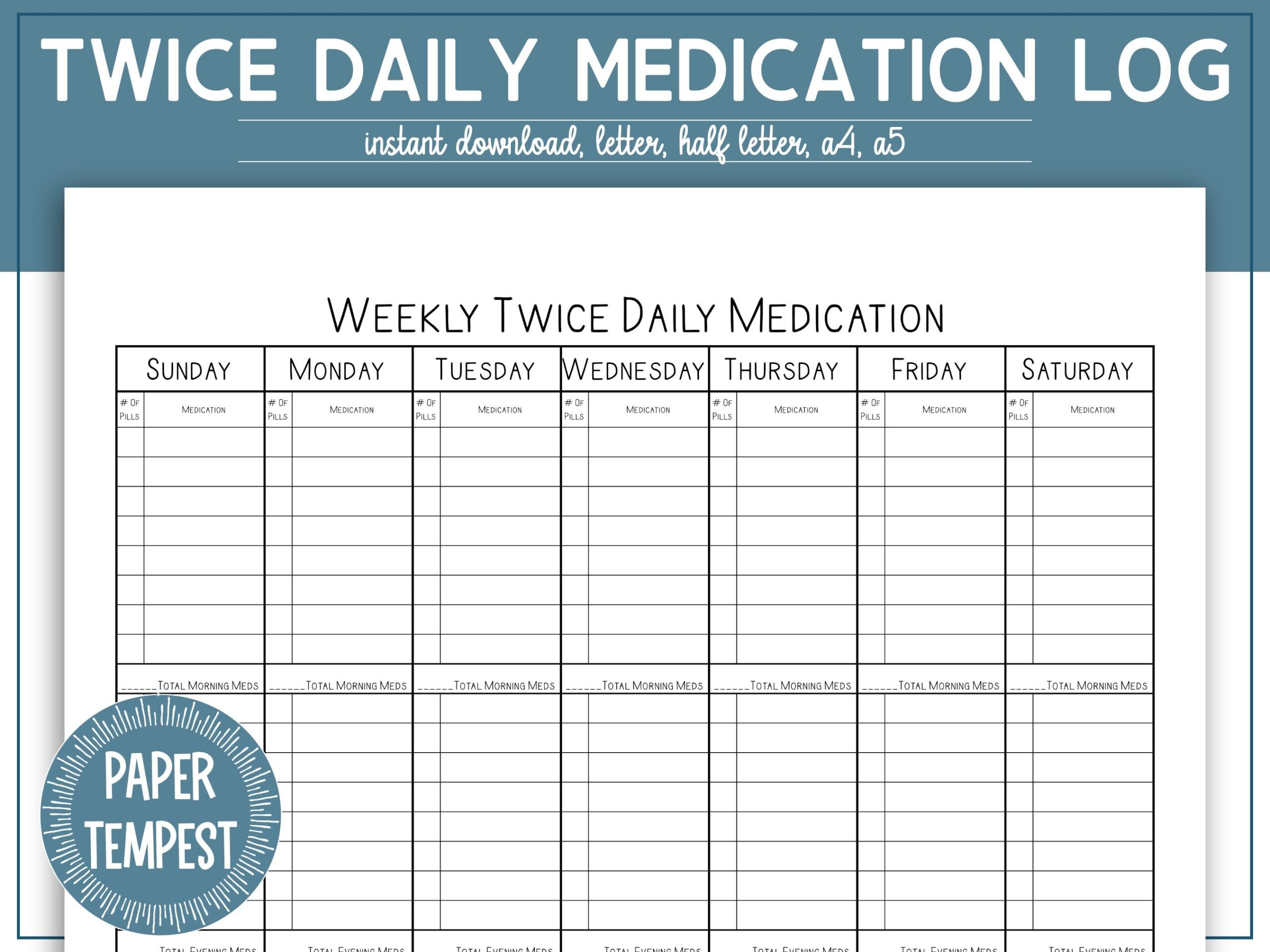 Weekly Twice Daily Medication Tracker Printable Medication List Pill 