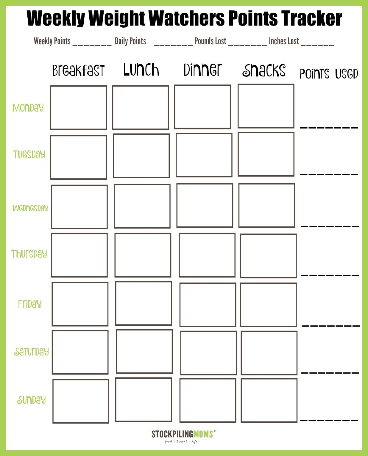 Weight Watchers Weekly Points Tracker Free Printable