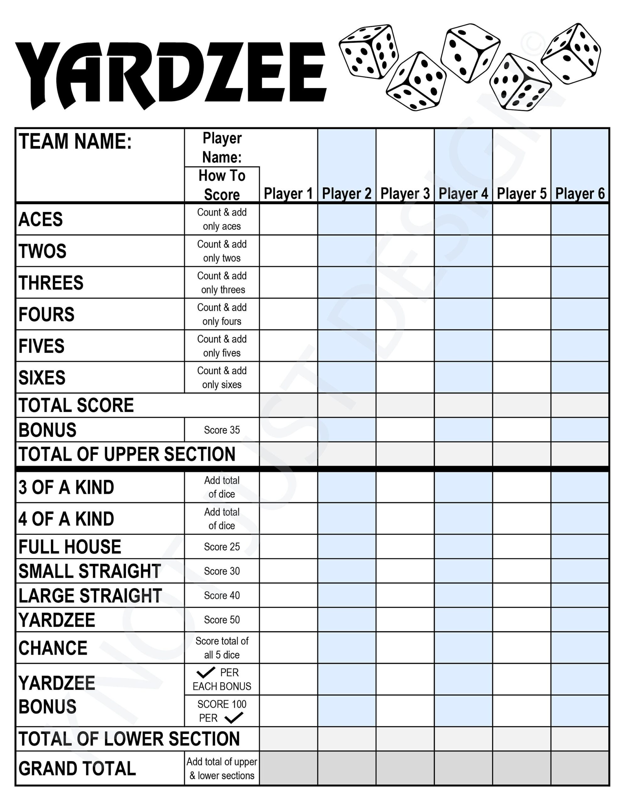 Yardzee Score Card Free Printable