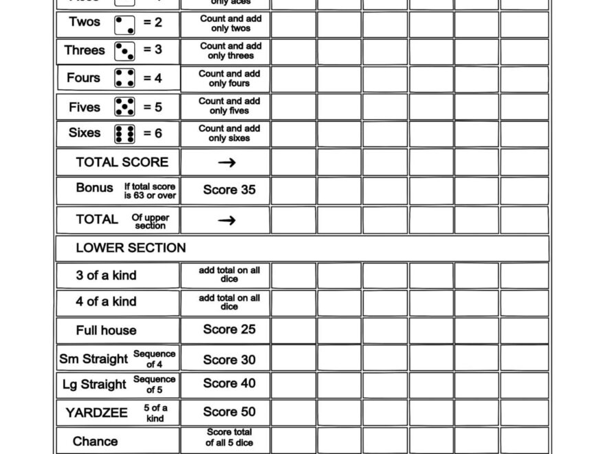 Yardzee Score Card Free Printable