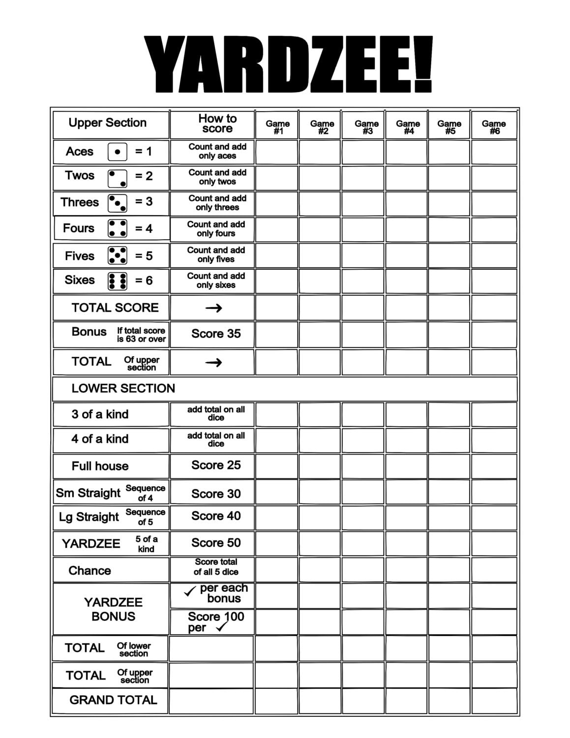 Yardzee Score Card Free Printable