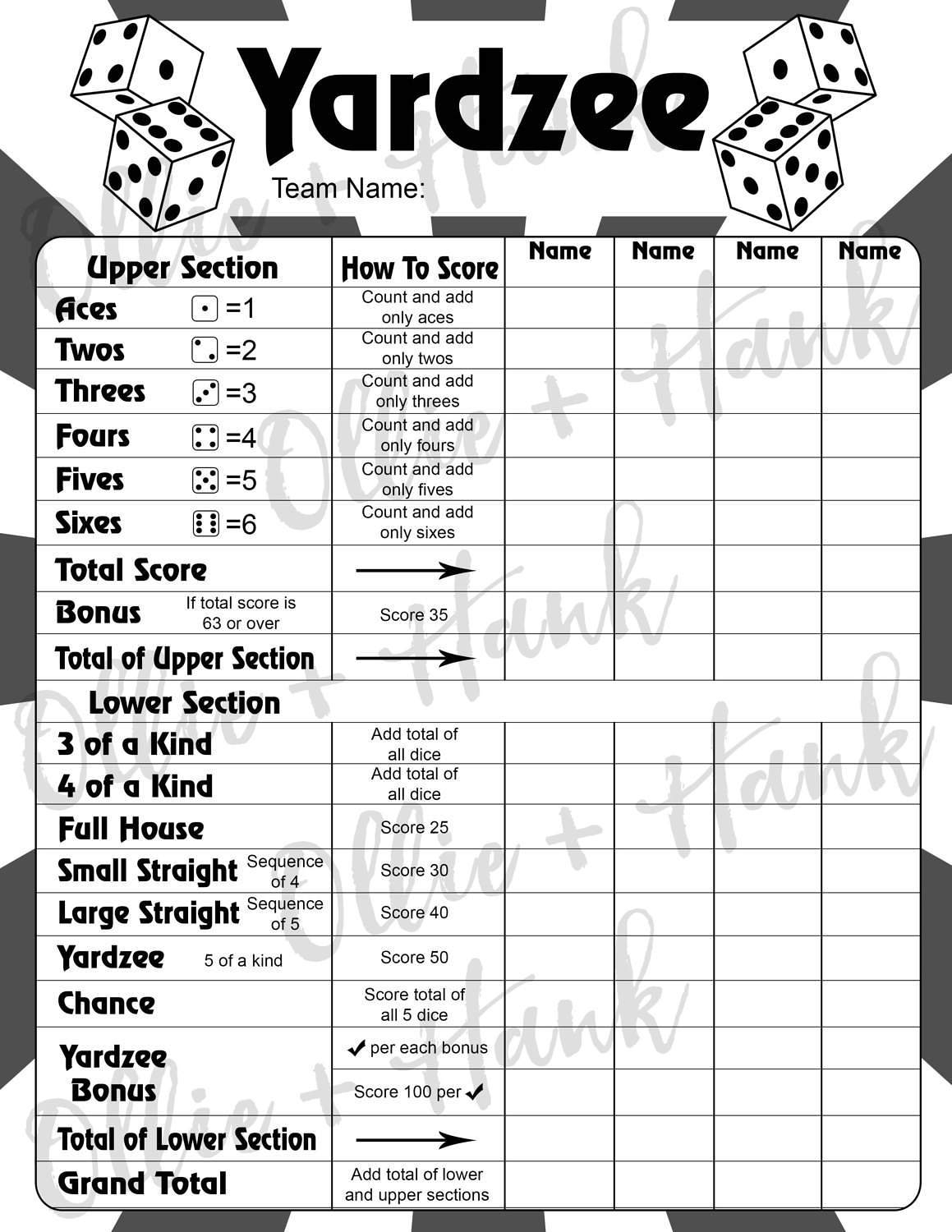 Yardzee Score Card Yardzee Score Sheet Yard Yahtzee